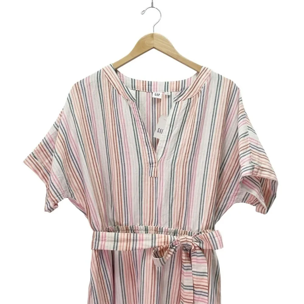 NWT Gap Linen Blend Striped Midi Dress Belted V-Neck Short Sleeve Size 14 Tall